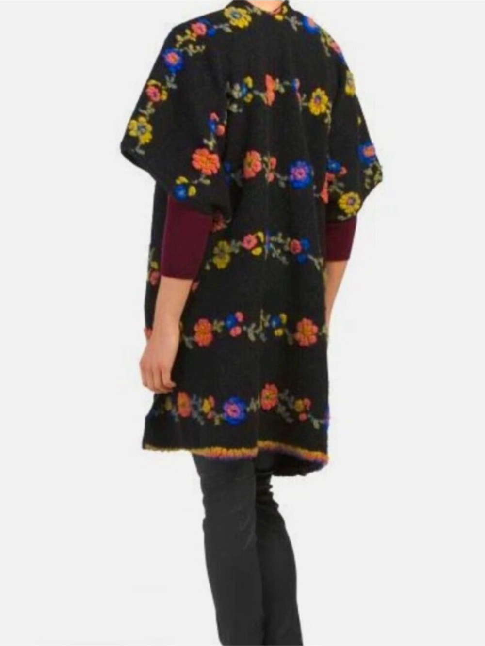 Black Floral Embroidered Open-Front Poncho